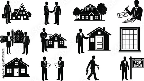 Real estate agent silhouettes, selling houses, signing contracts, shaking hands, property for sale, home keys, blueprints, and professional realtor business icons.