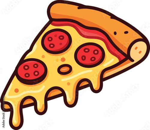 Cartoon Pepperoni Pizza Slice with Melted Cheese and Dripping Strings – Cute Italian Food vector