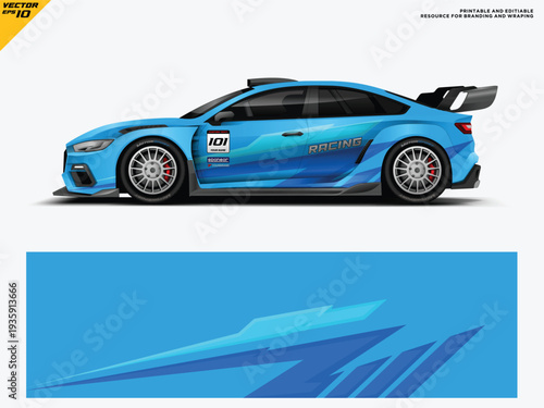 Clean Blue Sport Car Racing Livery Wrap Design Vector Template