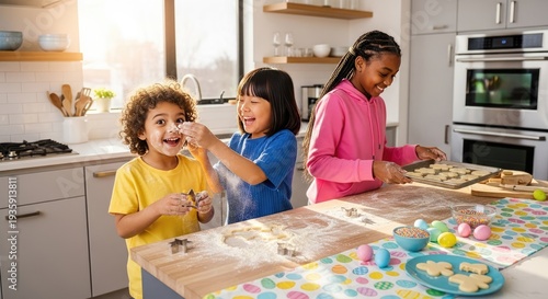 Three multicultural children bake Easter cookies together in a modern kitchen. Flour on their hands shows joyful spring creativity. Spring Easter