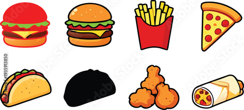 Colorful Fast Food Icons Set – Burger, French Fries, Pizza, Taco, Burrito, Chicken Nuggets and Sushi Vector