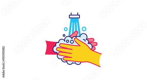 Hands being washed under a stream of water with soap bubbles