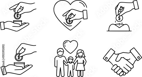 Charity giving, donate money outline icons big set. Line signs volunteering and giving support donation or symbols friendship. Thin vector pictograms pack for web infographic business social projects.