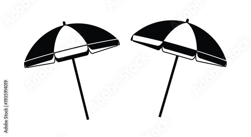 Two black beach umbrellas depicted in a simple graphic style