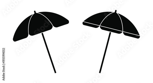 Two black beach umbrellas depicted in a simple graphic style