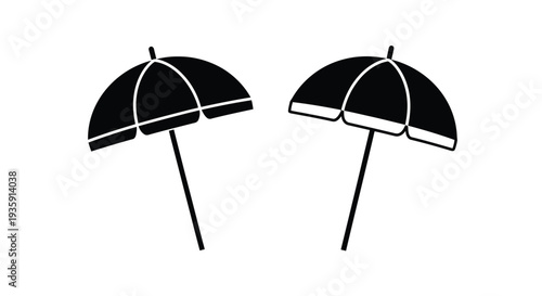 Two black beach umbrellas depicted in a simple graphic style