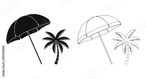 Black and white illustration of beach umbrellas with palm trees