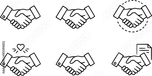 Handshake friendly agreement partnership deal, corporate trust contract thin outline icon. Minimalist line sign two hands shaking each other in heart symbol. Vector isolated pictogram for web and app.
