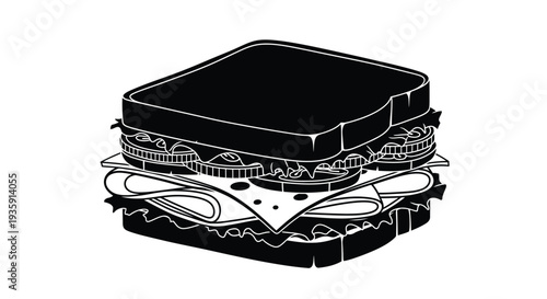 A black and white illustration of a stacked sandwich with visible fillings