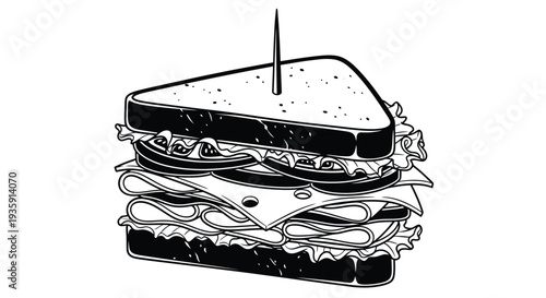 A black and white illustration of a stacked sandwich with a toothpick