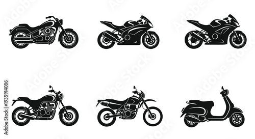 Black silhouette illustrations of various motorcycle and scooter designs