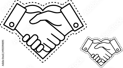 Handshake agreement friendly partnership deal, corporate trust contract thin outline icon. Minimalist line symbol heart shape made from two shaking hands. Vector isolated pictogram for web and app.