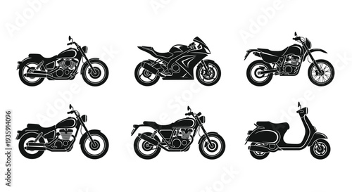 Black silhouettes of various motorcycles and a scooter displayed on a white background