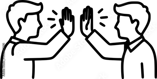 Outline icon two people give high-five or people together holding hands with their hands raised up. Line sign friendly greeting, volunteers, teamwork and support. Vector isolated pictogram.
