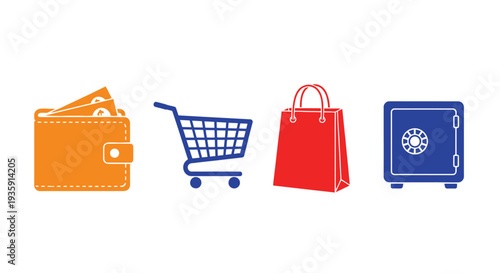 Financial icons depicting money shopping and security measures