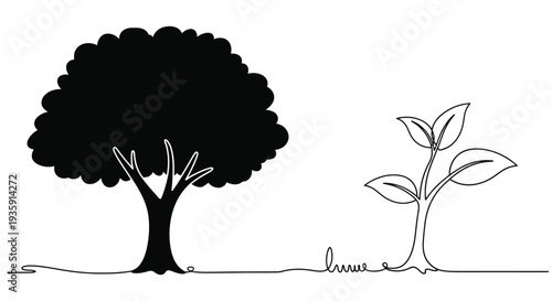 Minimalist black tree and sprouting seedling in a continuous line drawing