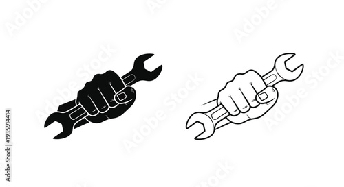 A clenched fist powerfully gripping a wrench depicted in two orientations