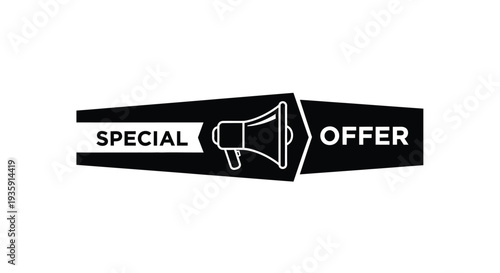 Black and white ribbon banner with a megaphone and text special offer