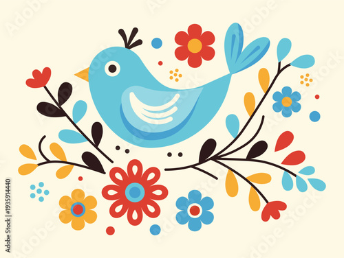 Cute blue bird with flowers and leaves in folk style. Flat cartoon illustration with bright colors for spring design, nursery decor, card, poster and print.