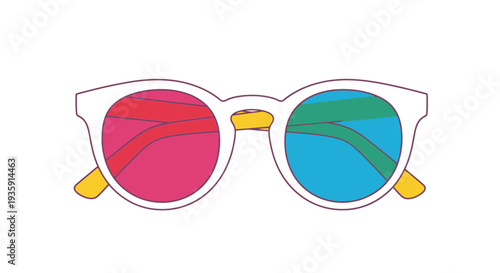 Colorful sunglasses with a stylized design and vibrant lens patterns