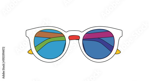 Colorful sunglasses with a white frame depicted in a flat illustrative style