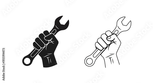 Hand holding wrench illustrations a black filled and a white outline version