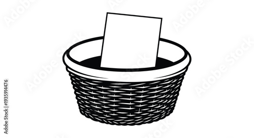 A black and white illustration of a wicker basket with a paper sheet
