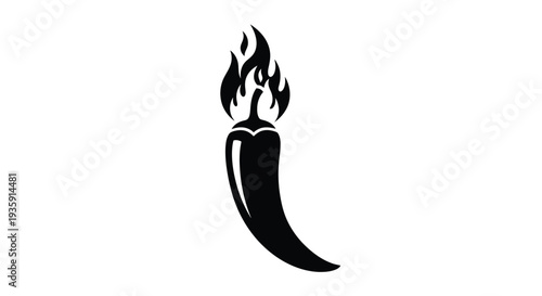 A stylized black silhouette of a chili pepper with flames on top