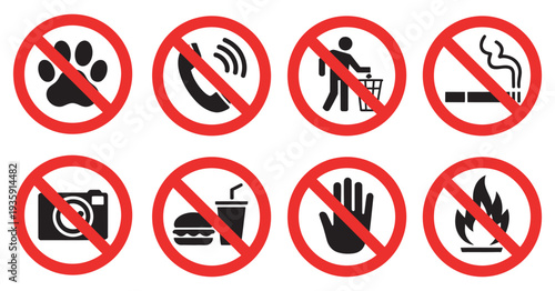 Prohibited Icons Set, No Cell Phone Zone, No Smoking, No Litter, No Pets, No Eating or Drinking, Do Not Touch, No Fire, No Photos