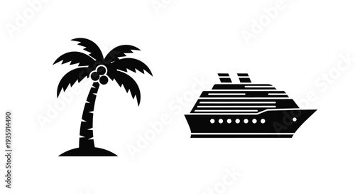 Simple black and white illustration of a palm tree and cruise ship
