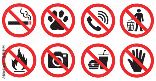 Prohibited Icons Set, No Phones, No Smoking, No Littering, No Pets, No Food or Drinks, Do Not Touch, Fire Ban, No Photography