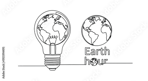 Two earth globes and a lightbulb outline promoting earth hour awareness