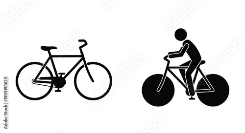 Simple black and white illustration of a cyclist and bicycle side by side