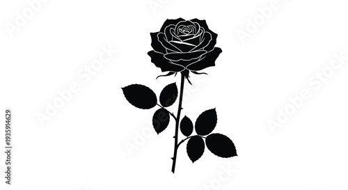 Elegant black silhouette of a single rose with stem and leaves