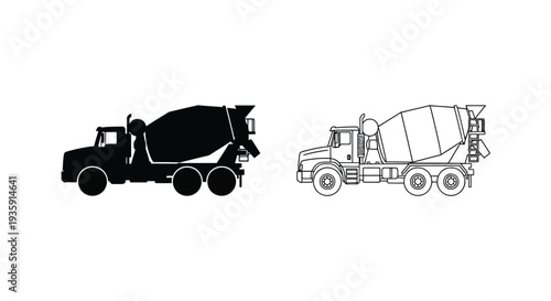 Two concrete mixer trucks depicted in black and white line art styles