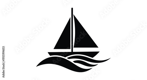 A simple black silhouette of a sailboat gliding over waves