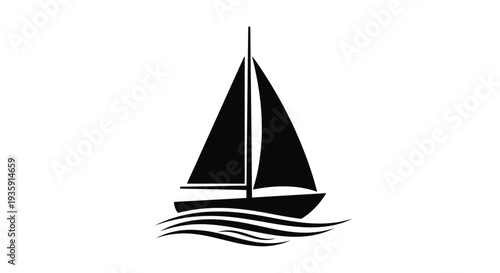 Simple black silhouette of a sailboat gliding across wavy water