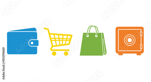 Financial icons depicting wallet shopping cart bag and safe