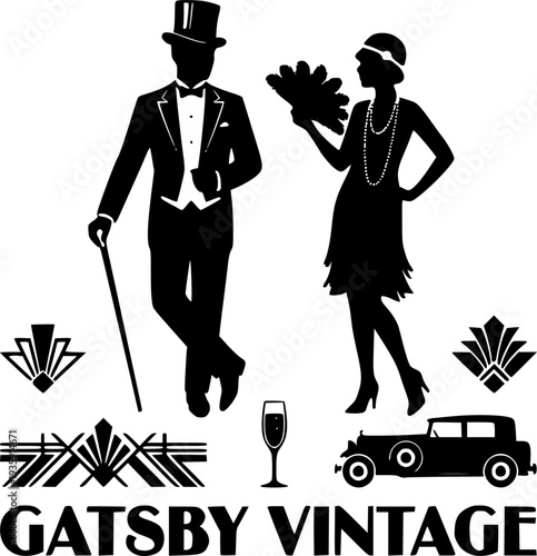 1920s Gatsby Couple Vintage-Couple Art-Deco-Fashion Evening-Wear Roaring-Twenties Gatsby-Style 1920s-Fashion Vintage-Style Vector Set - Gatsby Vintage
