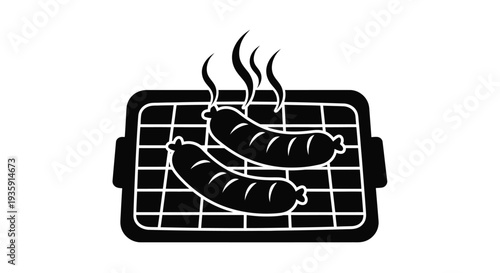 Black and white illustration of two sausages grilling on a barbecue