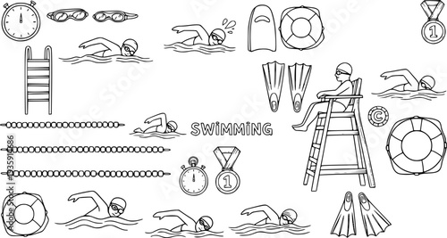 Swimming Pool Swim Dive Water Sport Stroke Lifeguard Training Vector Icon Set - Swimmer Aquatic Freestyle
