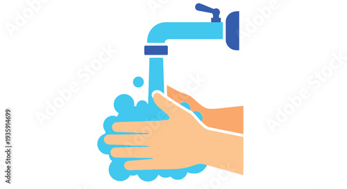 Hands washing under a blue faucet with flowing water hygiene illustration