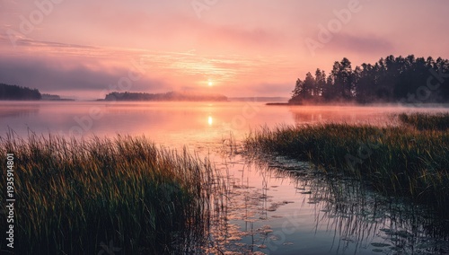 Tranquil lake at sunset with vibrant colors and misty atmosphere