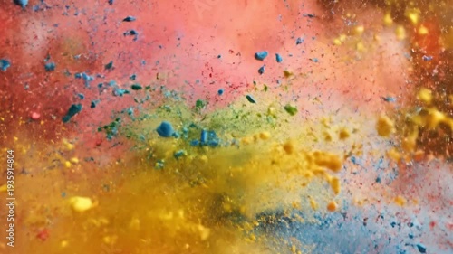 Vibrant colorful powder explodes in mid-air on Holi day in India with a mix of red, yellow, green, and blue hues against a blurred background.