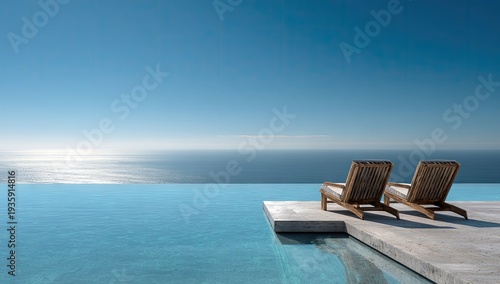 Tranquil poolside scene two wooden lounge chairs overlooking the ocean