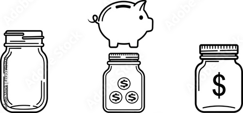 Saving money concept with jars and piggy bank