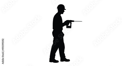 A stark black silhouette depicts a construction worker skillfully operating a power drill against a white backdrop silhouette