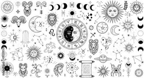 Astrology Zodiac Horoscope Signs Birth Chart Constellation Cosmic Stars Celestial Mystical Vector Icon Set - Aries Taurus Gemini Line Art
