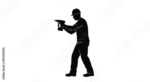 A construction worker utilizes a power drill in a dynamic pose captured as a striking black silhouette high quality