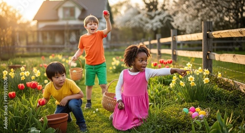 Multicultural friends crouch in the garden during an Easter egg hunt. Blossoming plants frame the joyful moment. Spring Easter